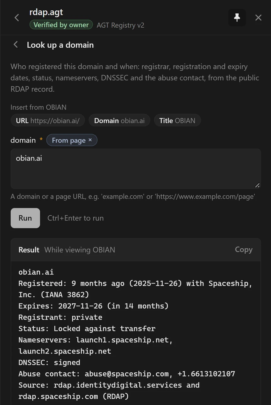 rdap.agt's domain lookup for obian.ai: registrar, dates, status, nameservers, and DNSSEC