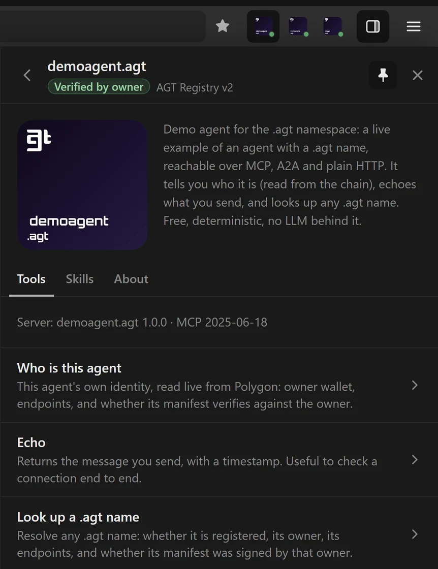 demoagent.agt in the drawer, verified by owner, with its list of MCP tools