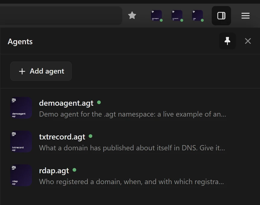 The Agents drawer listing demoagent.agt, txtrecord.agt, and rdap.agt
