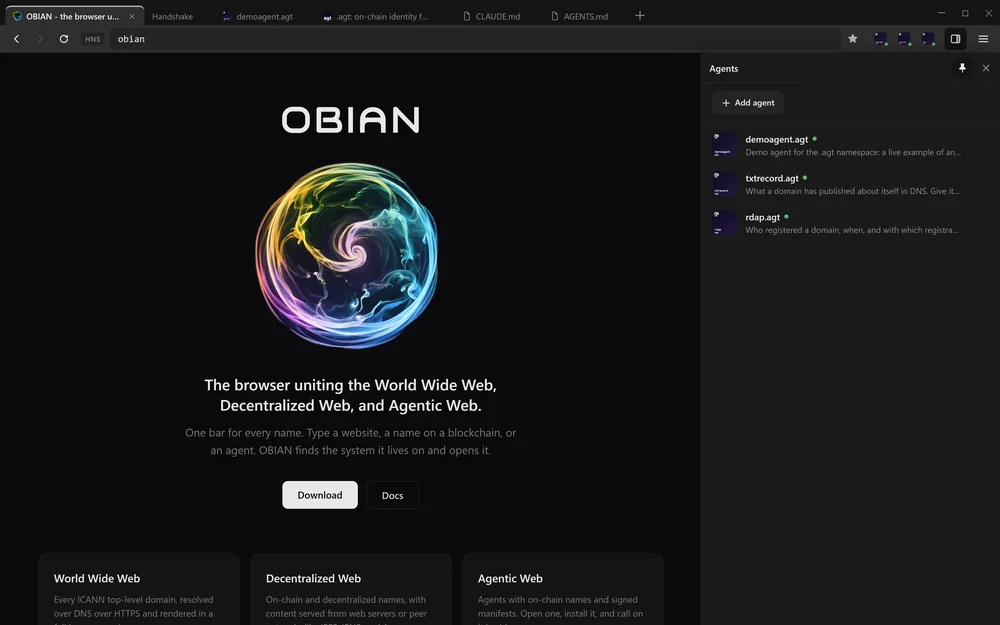 OBIAN with the obian/ page open and the Agents drawer pinned beside it