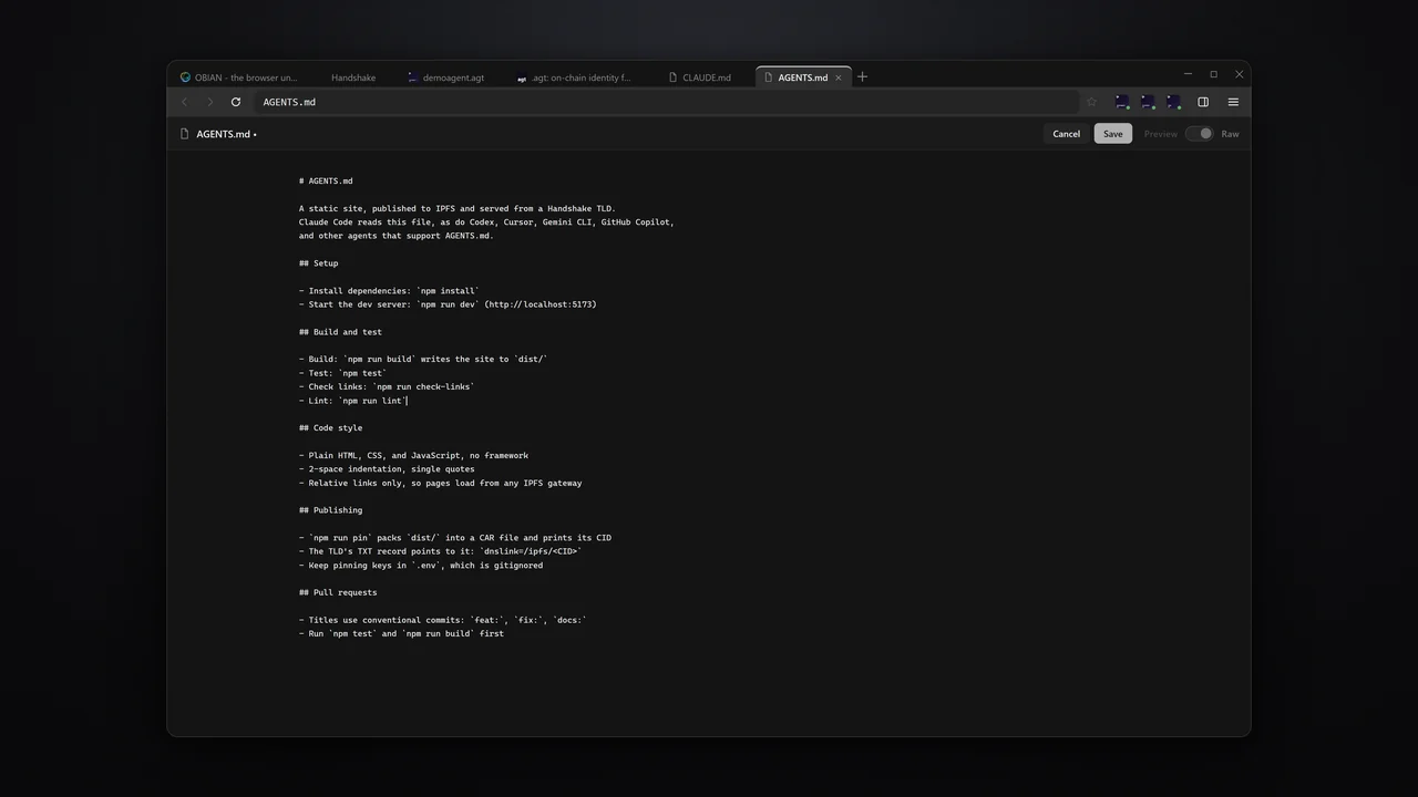 AGENTS.md open in OBIAN's Markdown editor, with Cancel and Save