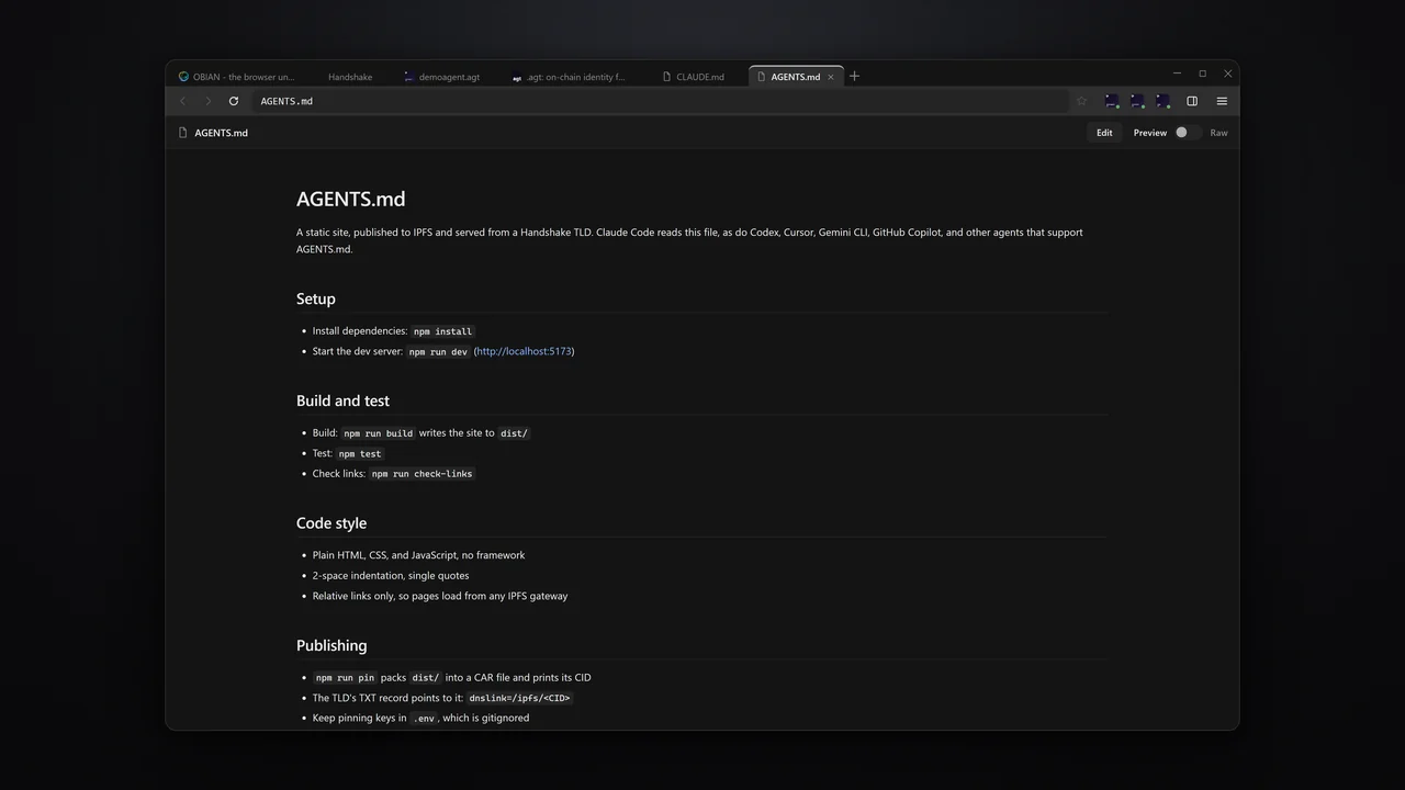 An AGENTS.md file rendered in OBIAN's Markdown viewer